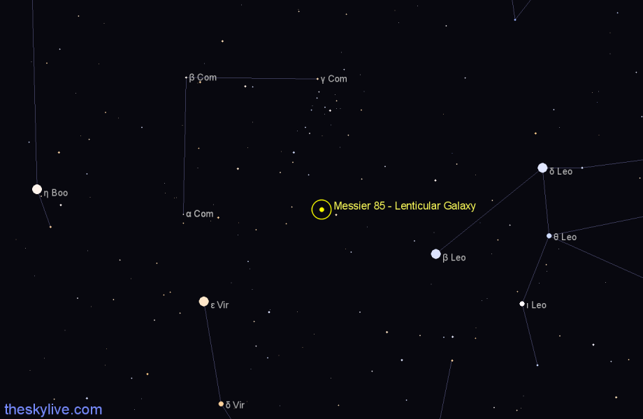 Finder chart Messier 85 - Lenticular Galaxy in Coma Berenices star