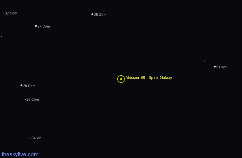 Finder chart Messier 88 - Spiral Galaxy in Coma Berenices star