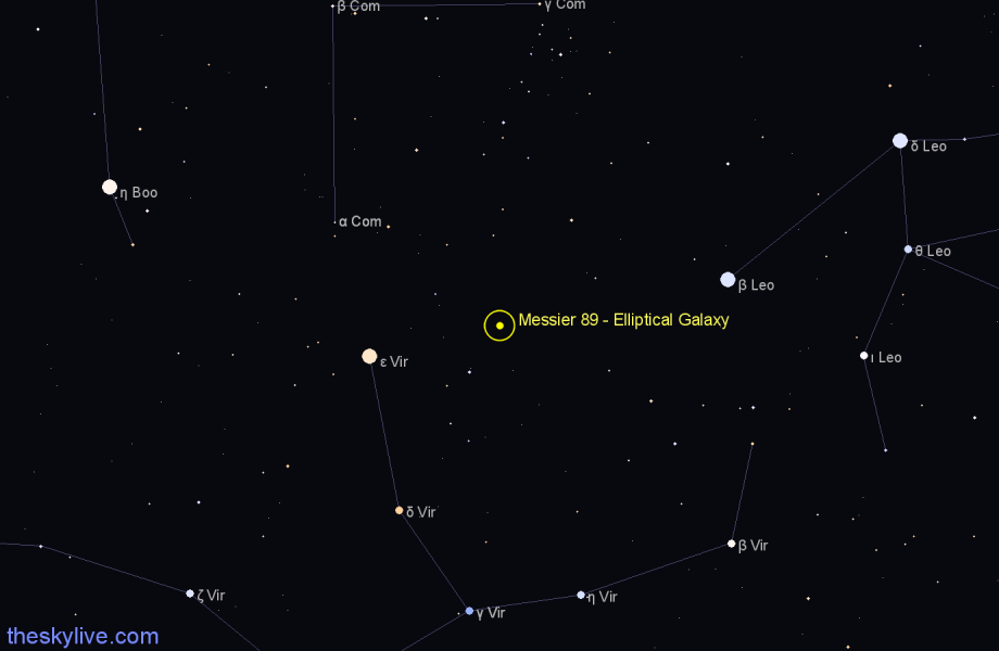 Finder chart Messier 89 - Elliptical Galaxy in Virgo star