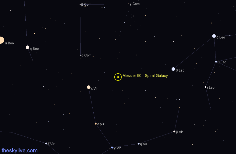 Finder chart Messier 90 - Spiral Galaxy in Virgo star