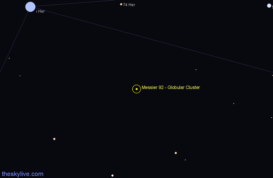 Finder chart Messier 92 - Globular Cluster in Hercules star