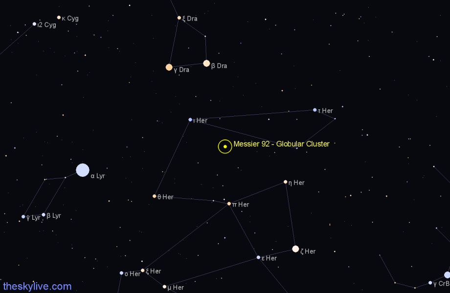 Finder chart Messier 92 - Globular Cluster in Hercules star