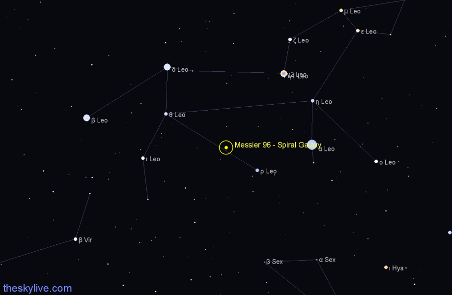 Finder chart Messier 96 - Spiral Galaxy in Leo star