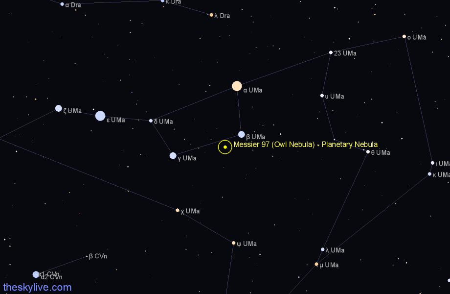 Finder chart Messier 97 (Owl Nebula) - Planetary Nebula in Ursa Major star