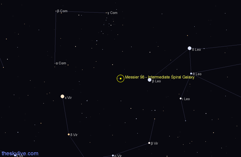 Finder chart Messier 98 - Intermediate Spiral Galaxy in Coma Berenices star