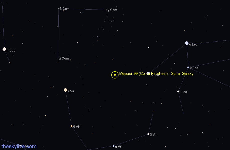 Finder chart Messier 99 (Coma Pinwheel) - Spiral Galaxy in Coma Berenices star