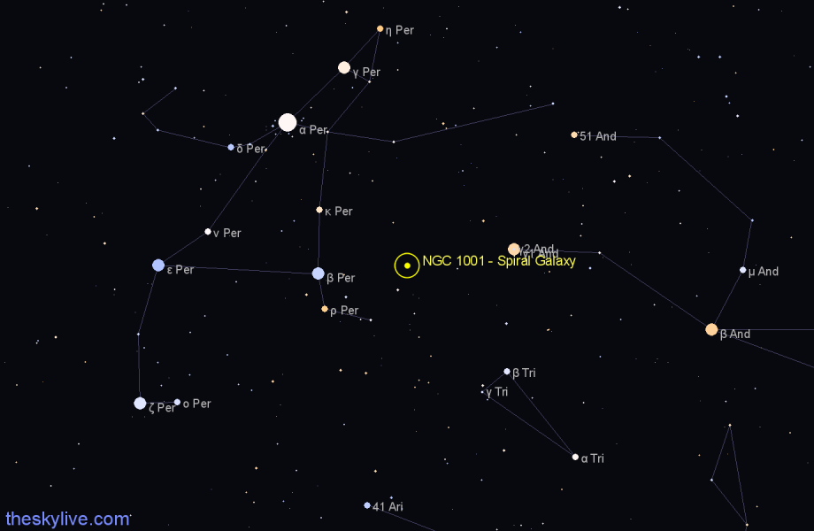 Finder chart NGC 1001 - Spiral Galaxy in Perseus star