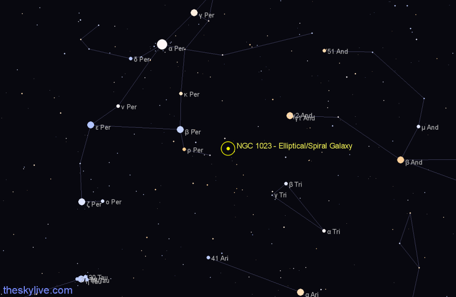 Finder chart NGC 1023 - Elliptical/Spiral Galaxy in Perseus star