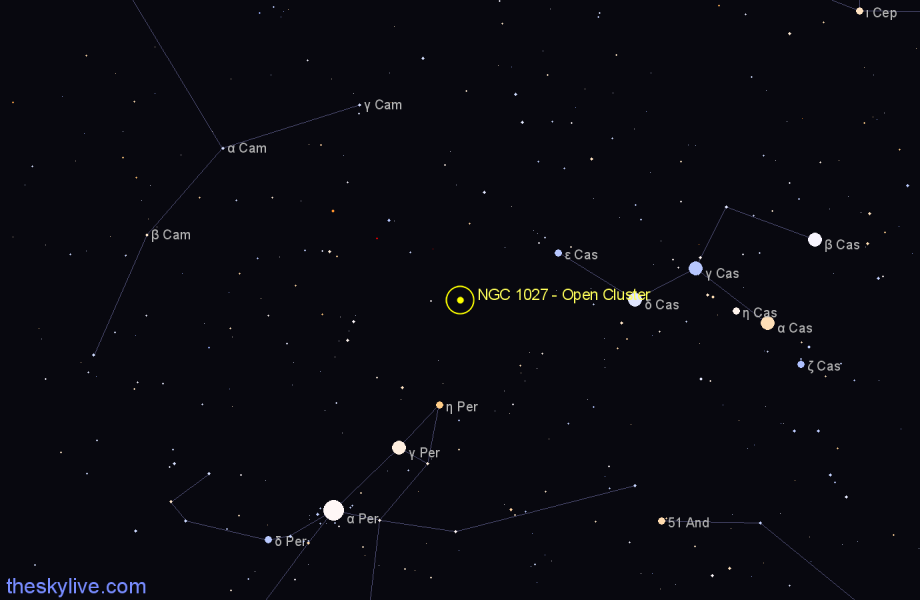 Finder chart NGC 1027 - Open Cluster in Cassiopeia star