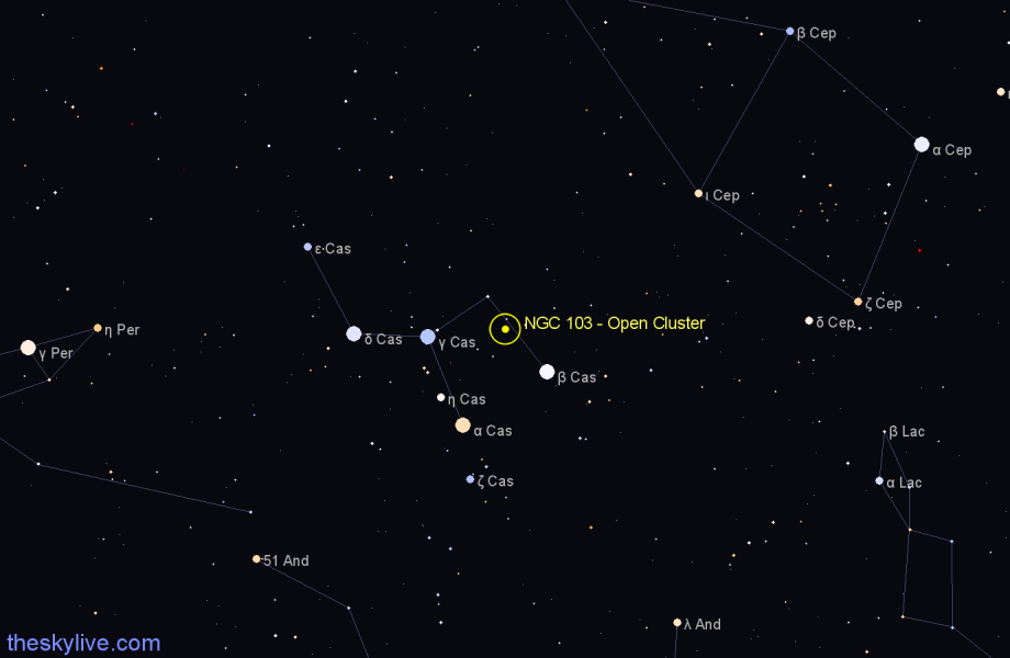 Finder chart NGC 103 - Open Cluster in Cassiopeia star