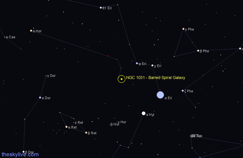 Finder chart NGC 1031 - Barred Spiral Galaxy in Horologium star