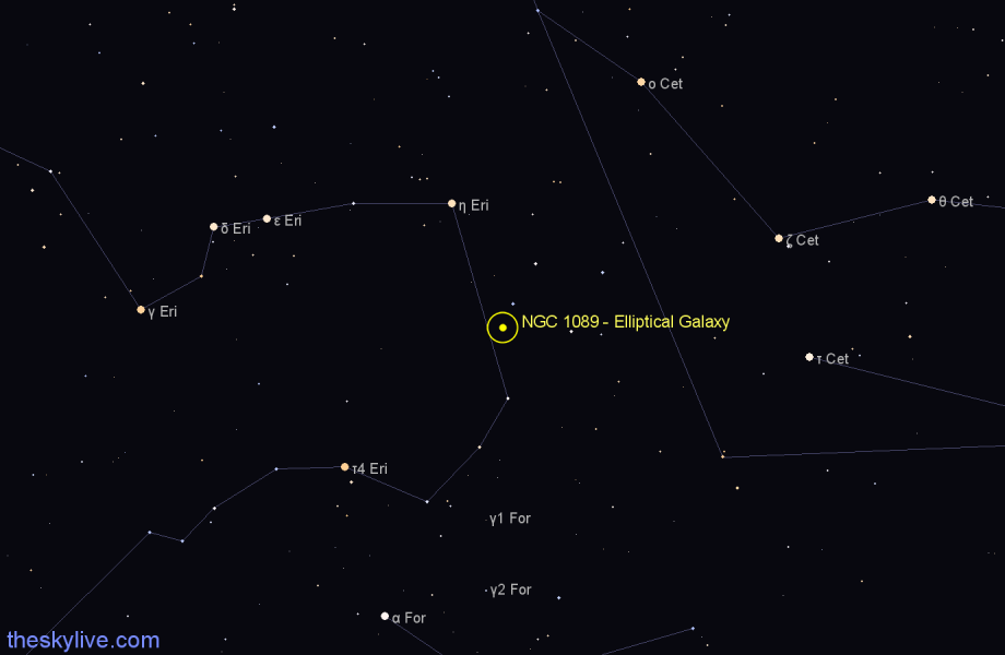 Finder chart NGC 1089 - Elliptical Galaxy in Eridanus star