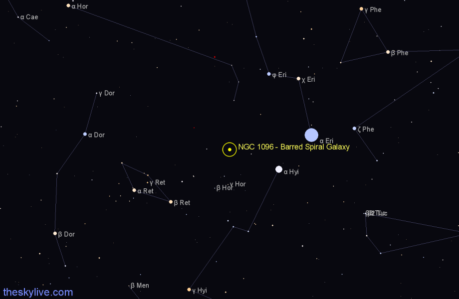 Finder chart NGC 1096 - Barred Spiral Galaxy in Horologium star