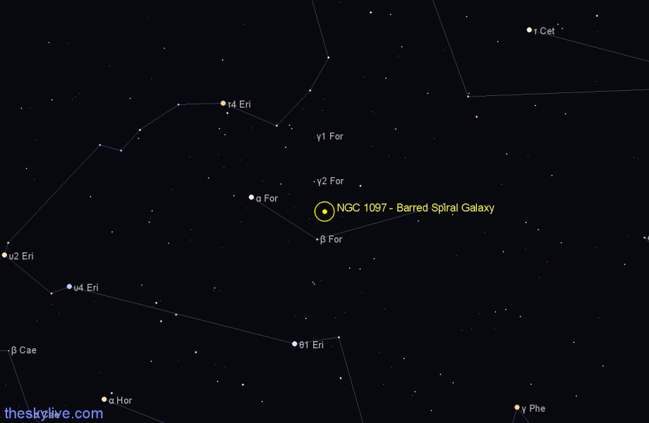 Finder chart NGC 1097 - Barred Spiral Galaxy in Fornax star