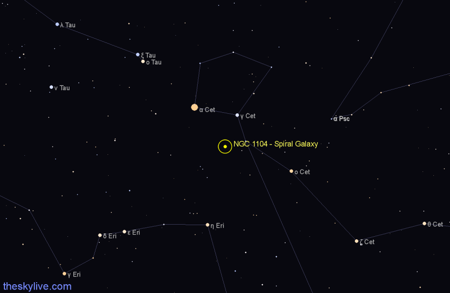 Finder chart NGC 1104 - Spiral Galaxy in Cetus star