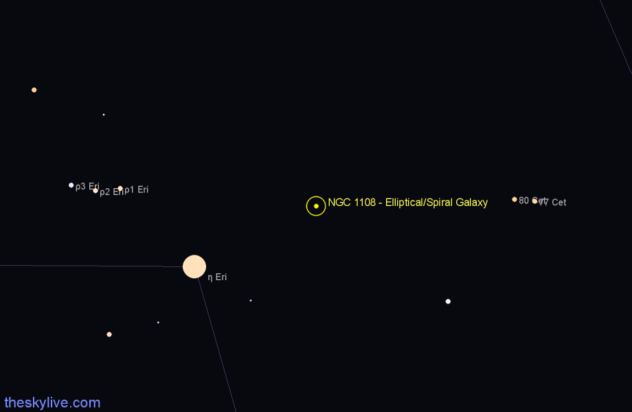 Finder chart NGC 1108 - Elliptical/Spiral Galaxy in Eridanus star