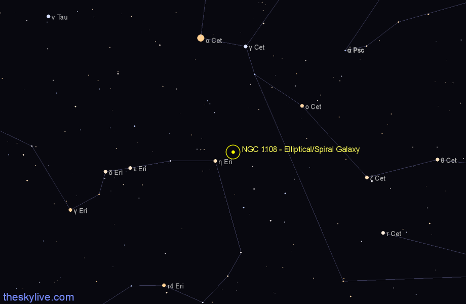 Finder chart NGC 1108 - Elliptical/Spiral Galaxy in Eridanus star