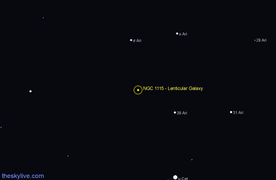 Finder chart NGC 1115 - Lenticular Galaxy in Aries star