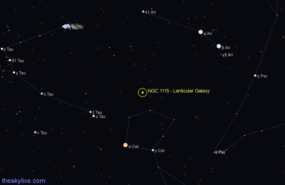 Finder chart NGC 1115 - Lenticular Galaxy in Aries star