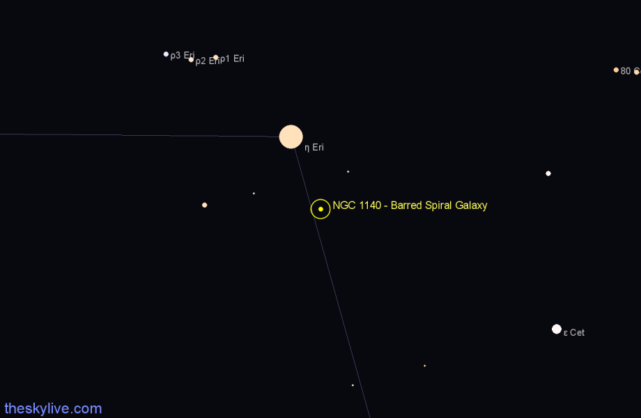 Finder chart NGC 1140 - Barred Spiral Galaxy in Eridanus star