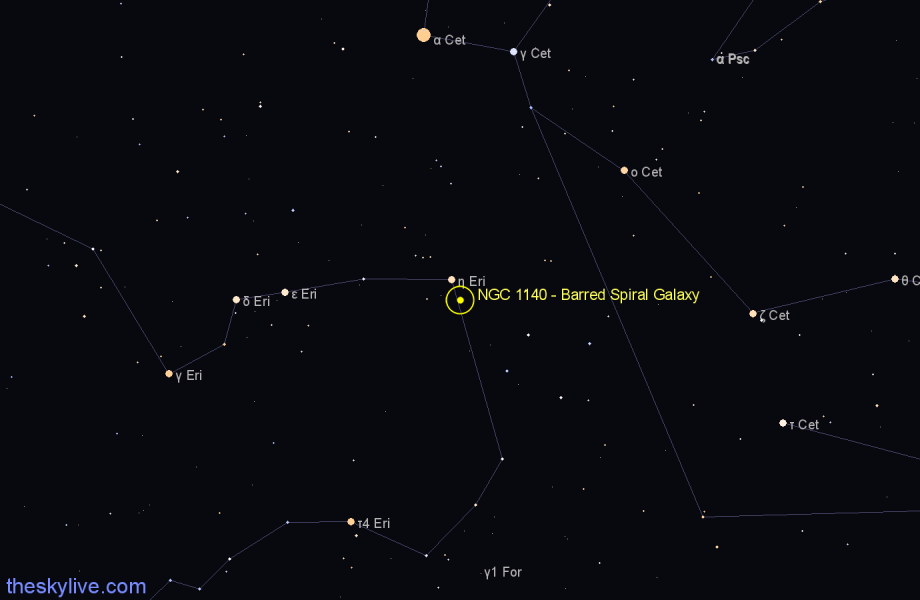 Finder chart NGC 1140 - Barred Spiral Galaxy in Eridanus star