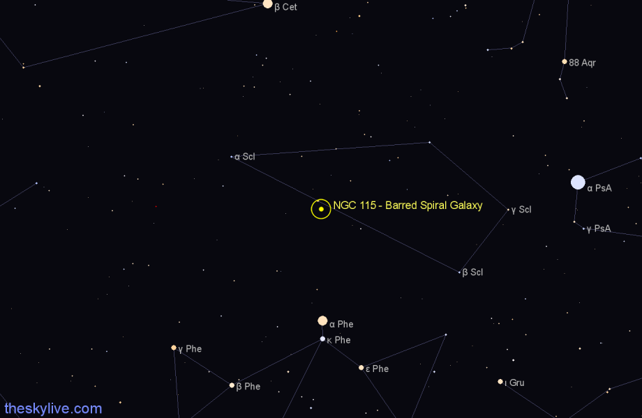 Finder chart NGC 115 - Barred Spiral Galaxy in Sculptor star