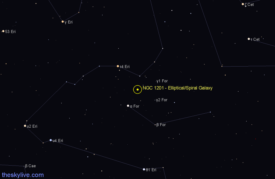 Finder chart NGC 1201 - Elliptical/Spiral Galaxy in Fornax star