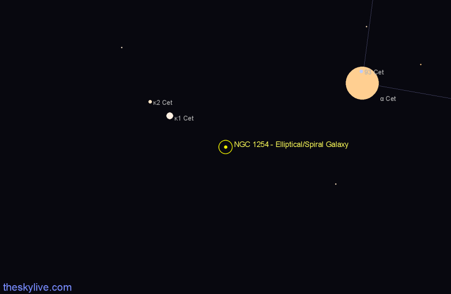 Finder chart NGC 1254 - Elliptical/Spiral Galaxy in Cetus star