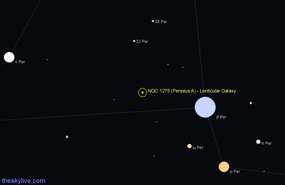 Finder chart NGC 1275 (Perseus A) - Lenticular Galaxy in Perseus star