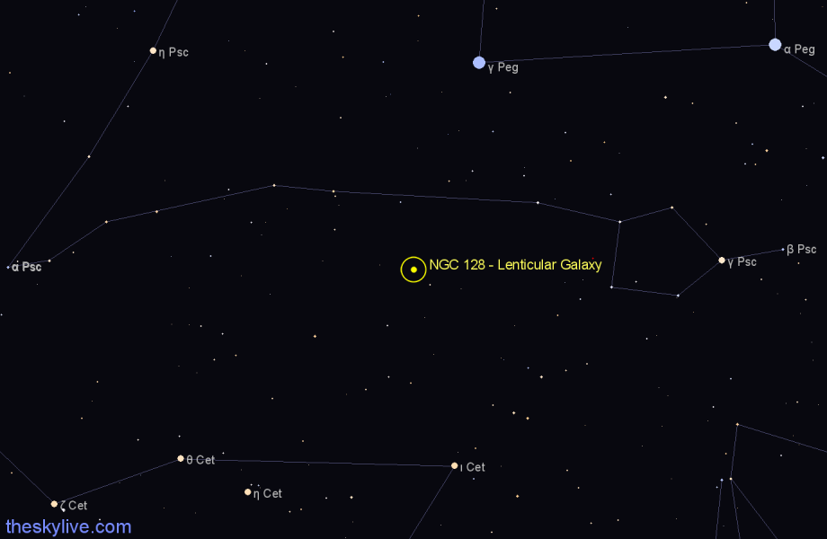 Finder chart NGC 128 - Lenticular Galaxy in Pisces star