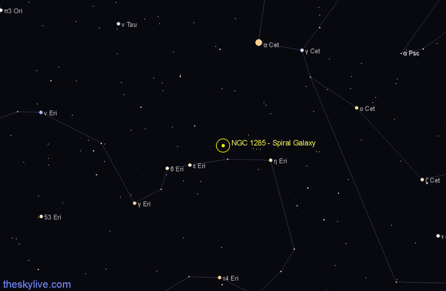 Finder chart NGC 1285 - Spiral Galaxy in Eridanus star