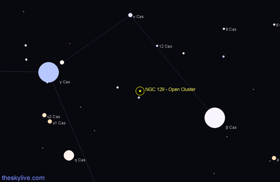 Finder chart NGC 129 - Open Cluster in Cassiopeia star