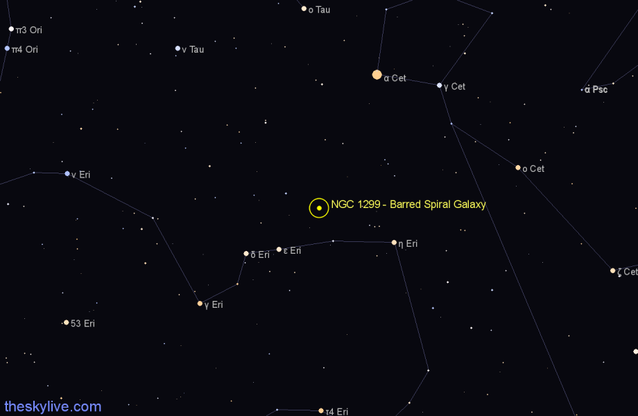 Finder chart NGC 1299 - Barred Spiral Galaxy in Eridanus star