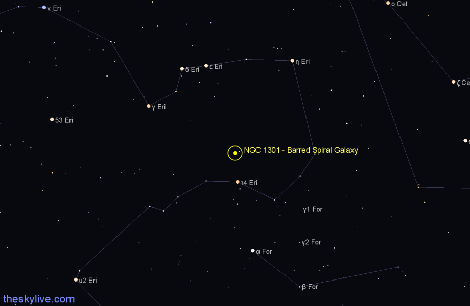 Finder chart NGC 1301 - Barred Spiral Galaxy in Eridanus star