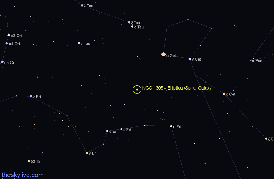 Finder chart NGC 1305 - Elliptical/Spiral Galaxy in Eridanus star