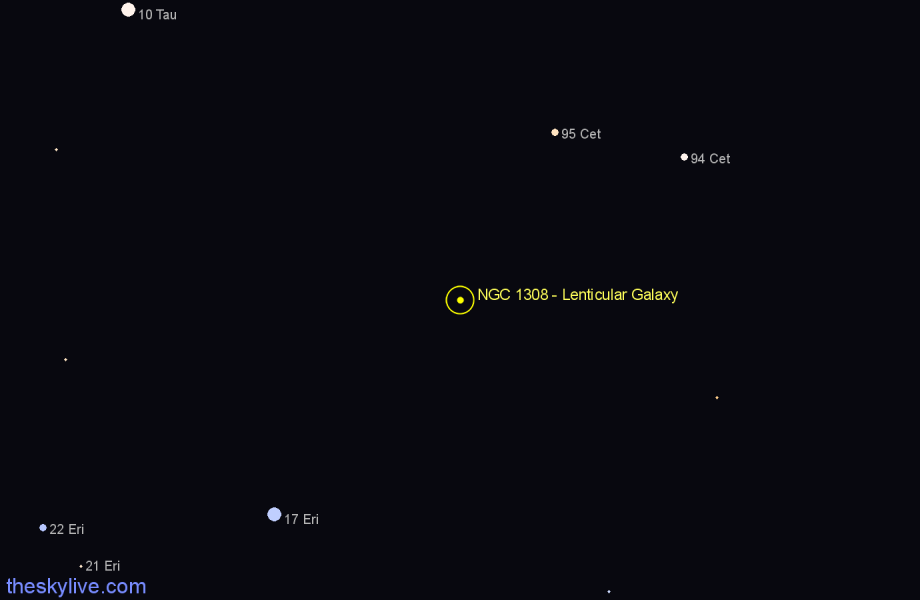 Finder chart NGC 1308 - Lenticular Galaxy in Eridanus star