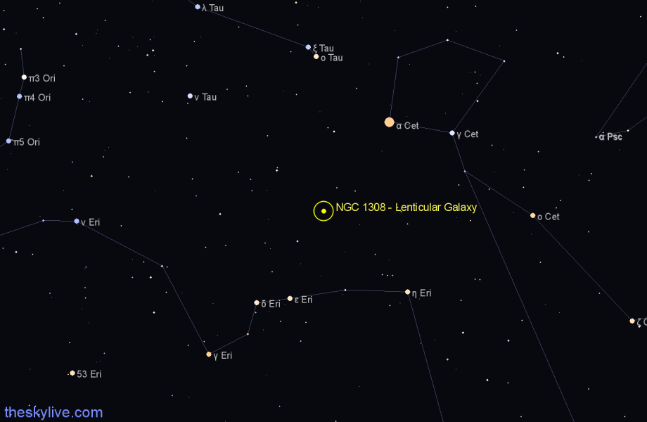 Finder chart NGC 1308 - Lenticular Galaxy in Eridanus star