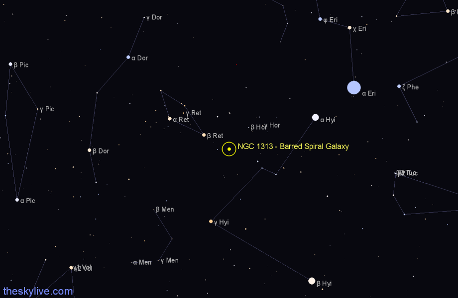 Finder chart NGC 1313 - Barred Spiral Galaxy in Reticulum star