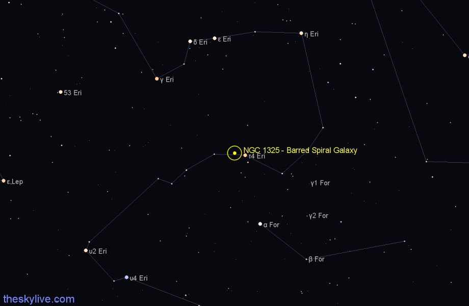 Finder chart NGC 1325 - Barred Spiral Galaxy in Eridanus star