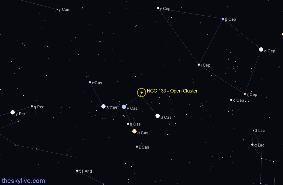 Finder chart NGC 133 - Open Cluster in Cassiopeia star