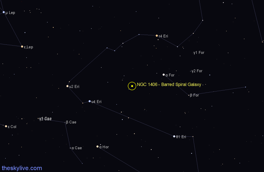 Finder chart NGC 1406 - Barred Spiral Galaxy in Fornax star