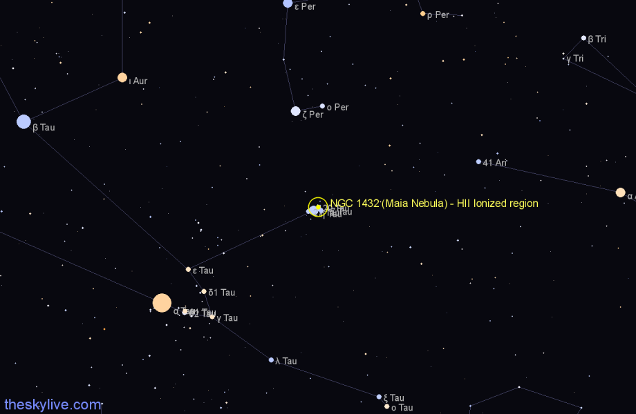 Finder chart NGC 1432 (Maia Nebula) - HII Ionized region in Taurus star