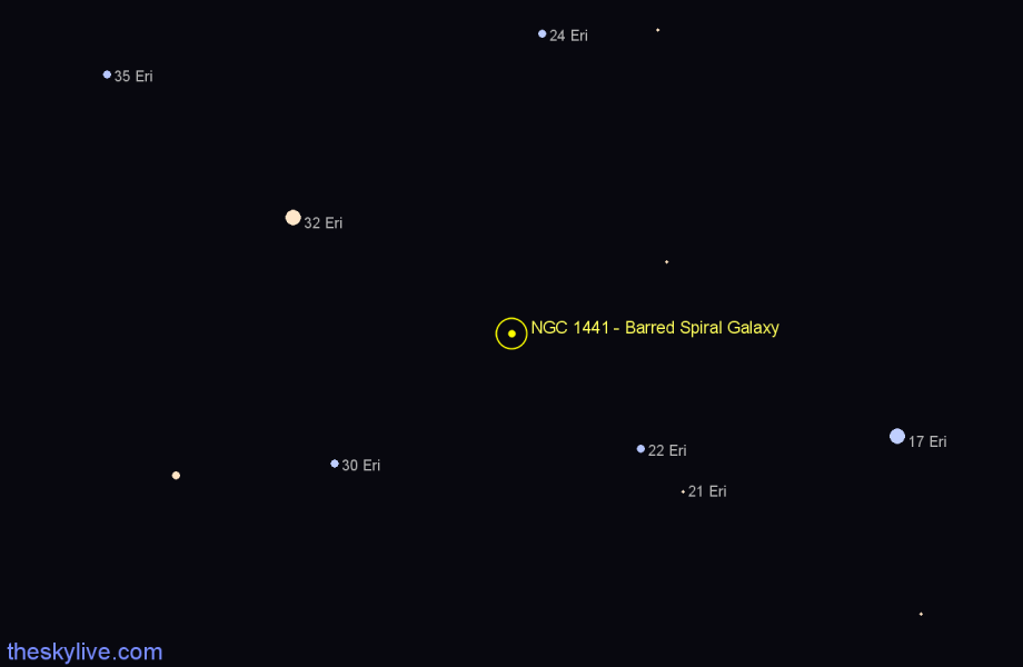 Finder chart NGC 1441 - Barred Spiral Galaxy in Eridanus star