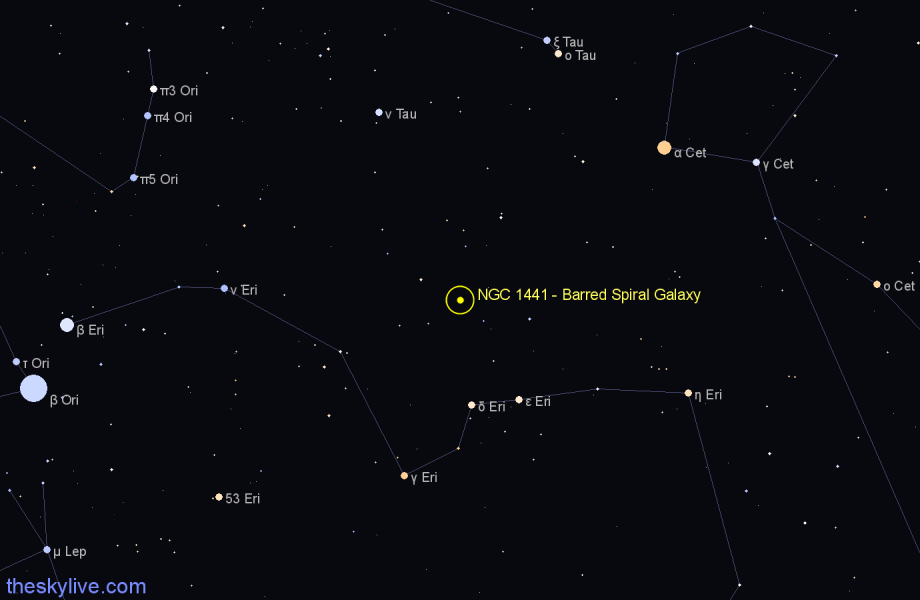Finder chart NGC 1441 - Barred Spiral Galaxy in Eridanus star