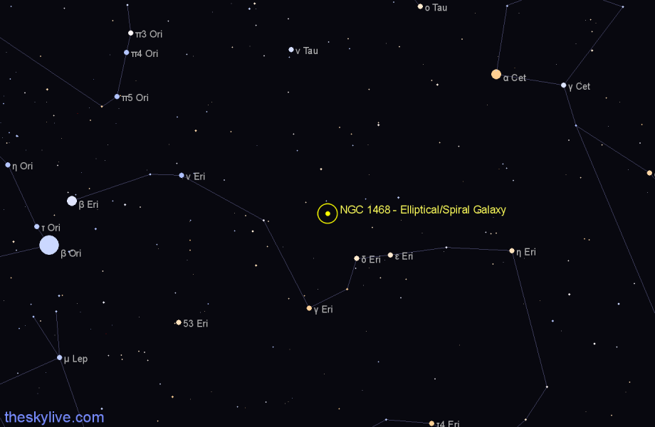 Finder chart NGC 1468 - Elliptical/Spiral Galaxy in Eridanus star