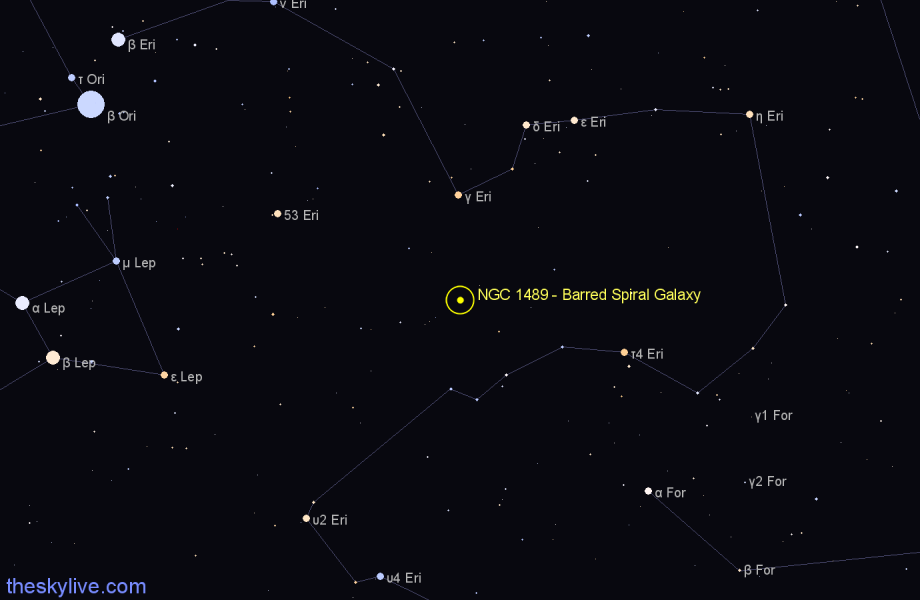 Finder chart NGC 1489 - Barred Spiral Galaxy in Eridanus star