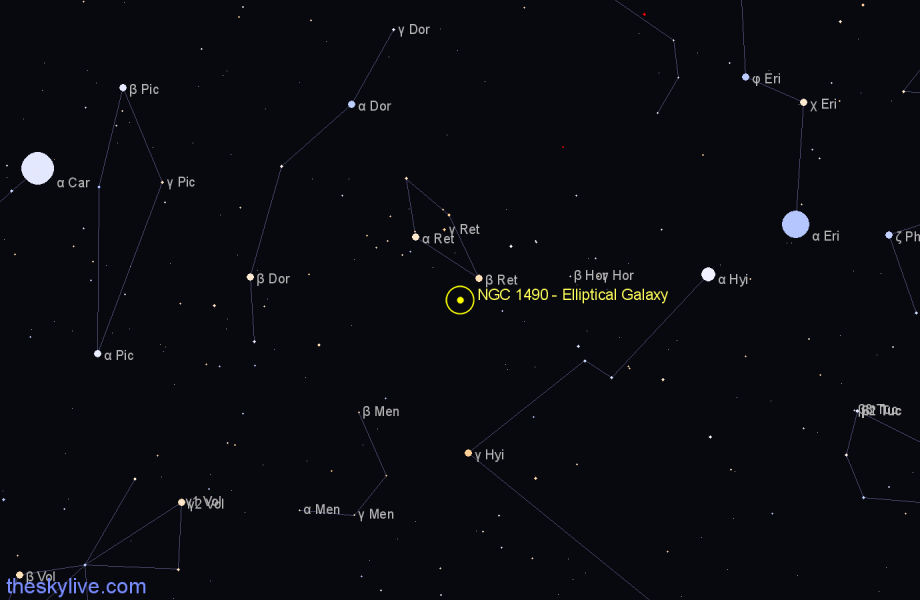 Finder chart NGC 1490 - Elliptical Galaxy in Reticulum star