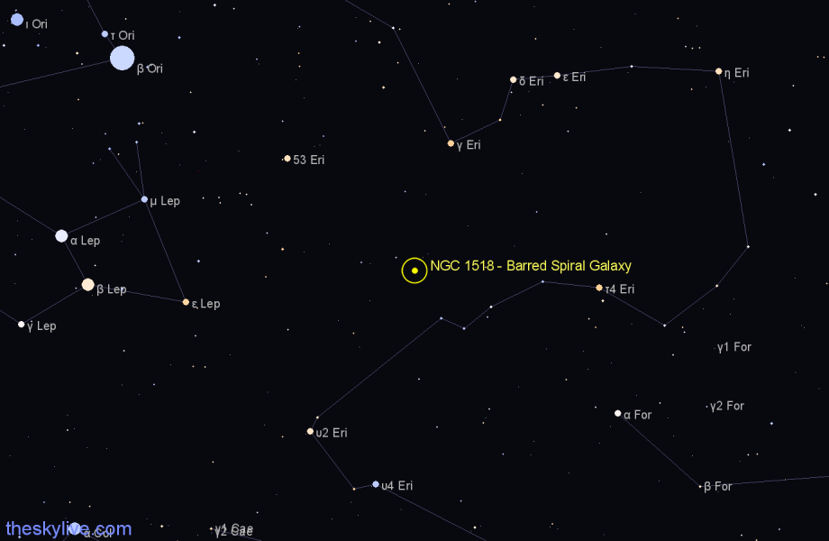 Finder chart NGC 1518 - Barred Spiral Galaxy in Eridanus star