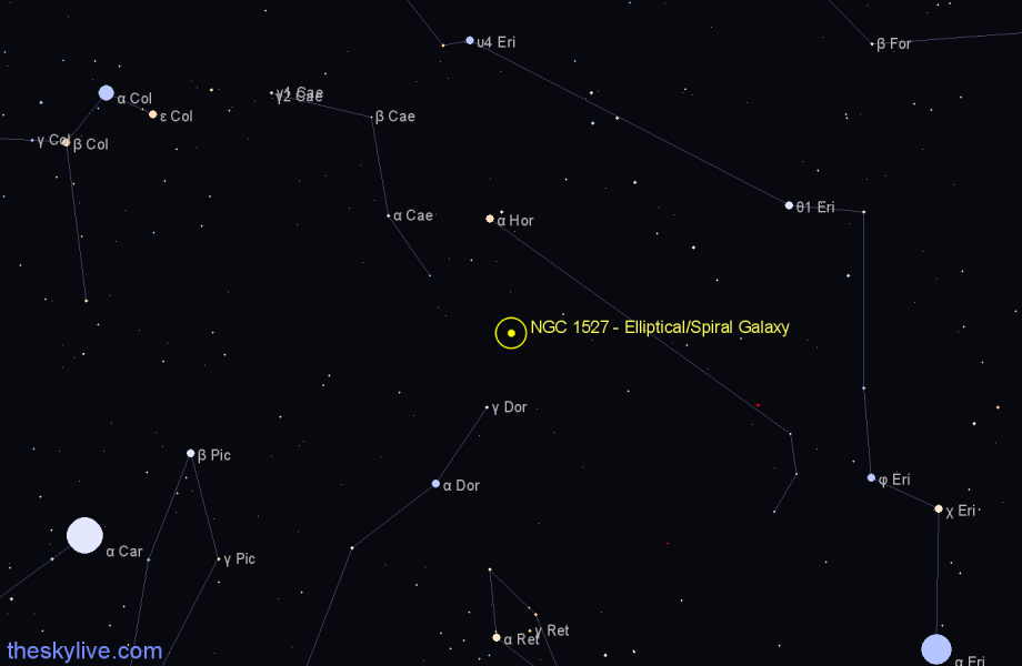 Finder chart NGC 1527 - Elliptical/Spiral Galaxy in Horologium star