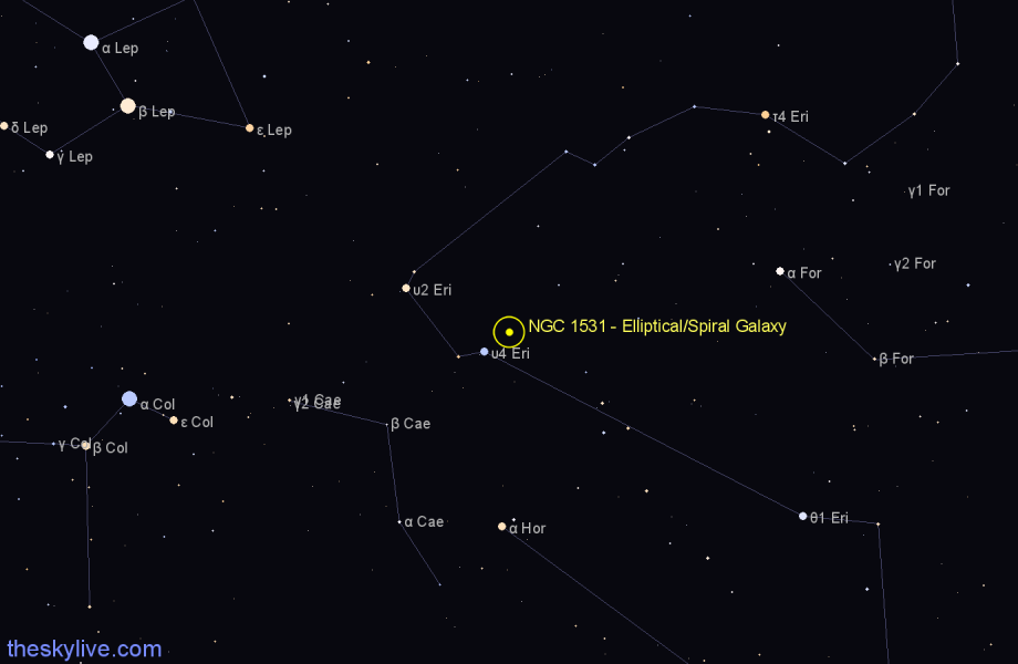 Finder chart NGC 1531 - Elliptical/Spiral Galaxy in Eridanus star